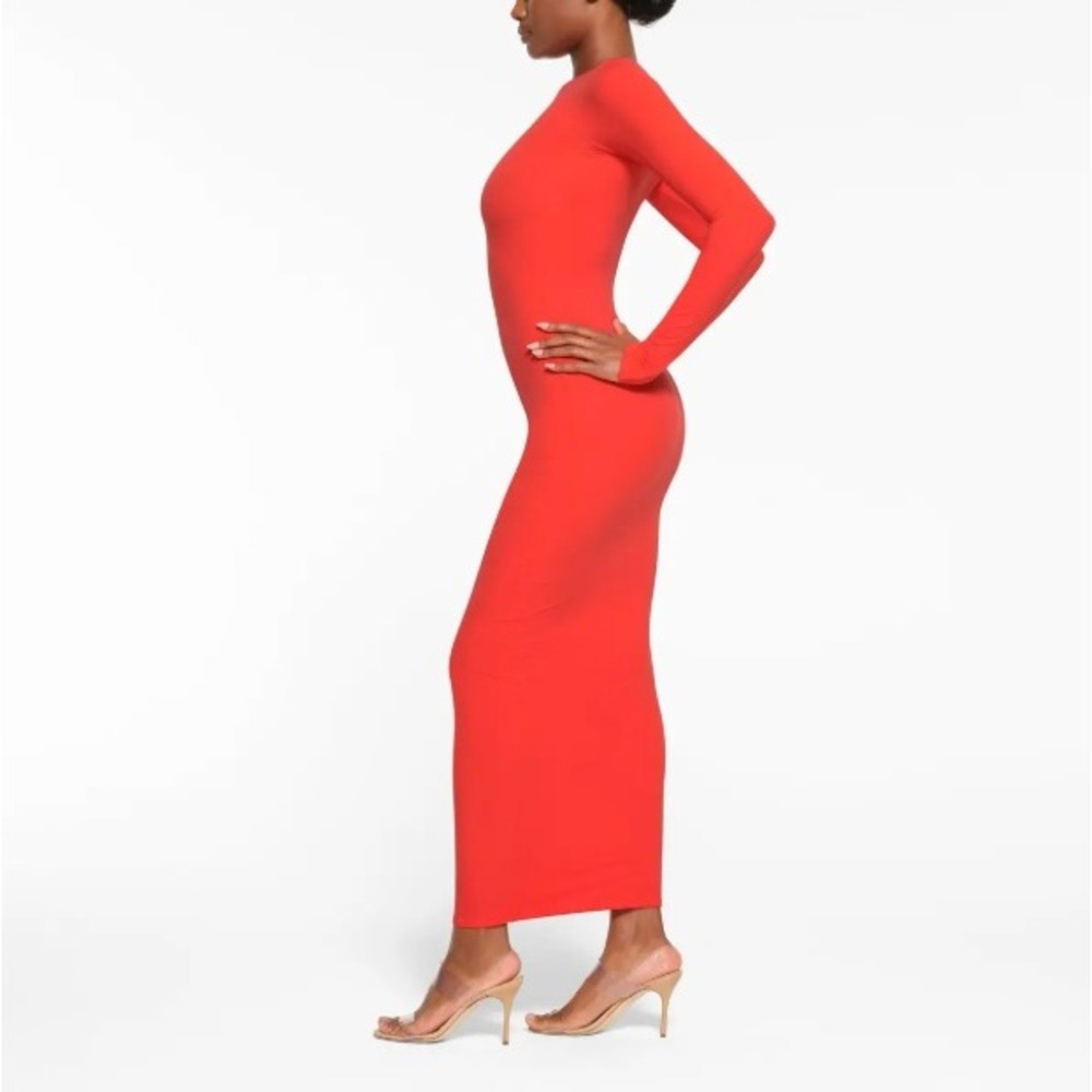 Skims Fits Everybody Long Sleeve Maxi Dress Bodycon Lounge Coral XS